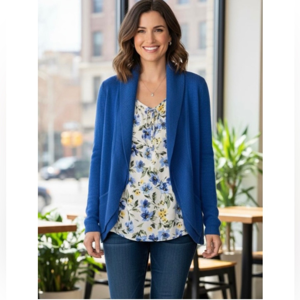Cable & Guage 2Pc Set~Lg Blue Sweater Cardigan & XL Blue & Yellow Floral Blouse